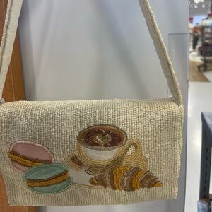 Beaded Cream Crossbody Bag with Coffee Embroidery